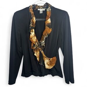 Y2K Ell Jay Collection Black Blouse with Animal Print Ruffle Trim, Size Medium